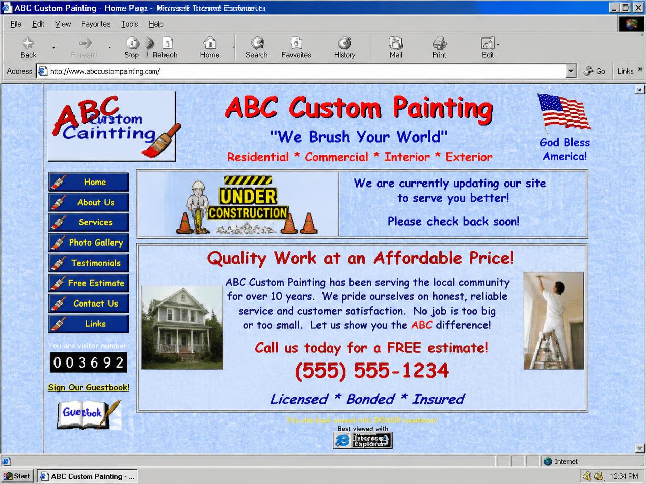 Veraltete Website aus den frühen 2000er-Jahren mit gemustertem Hintergrund und Clipart